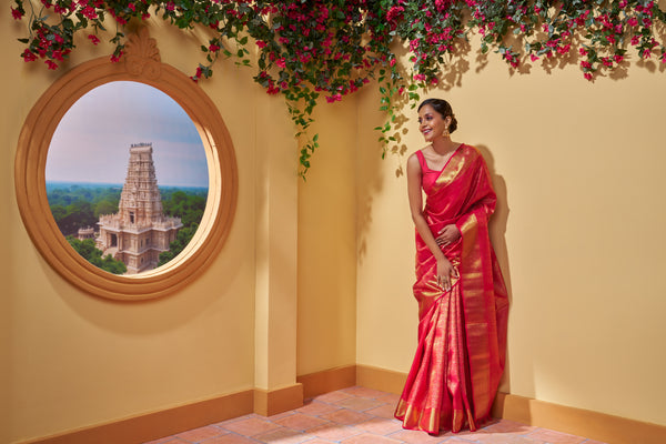 Yaalika - Pinkish Red Silk Saree : YBP014709