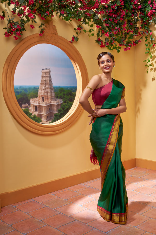 Yaalika - Bottle Green With Maroon Border Silk Saree : YBN012307
