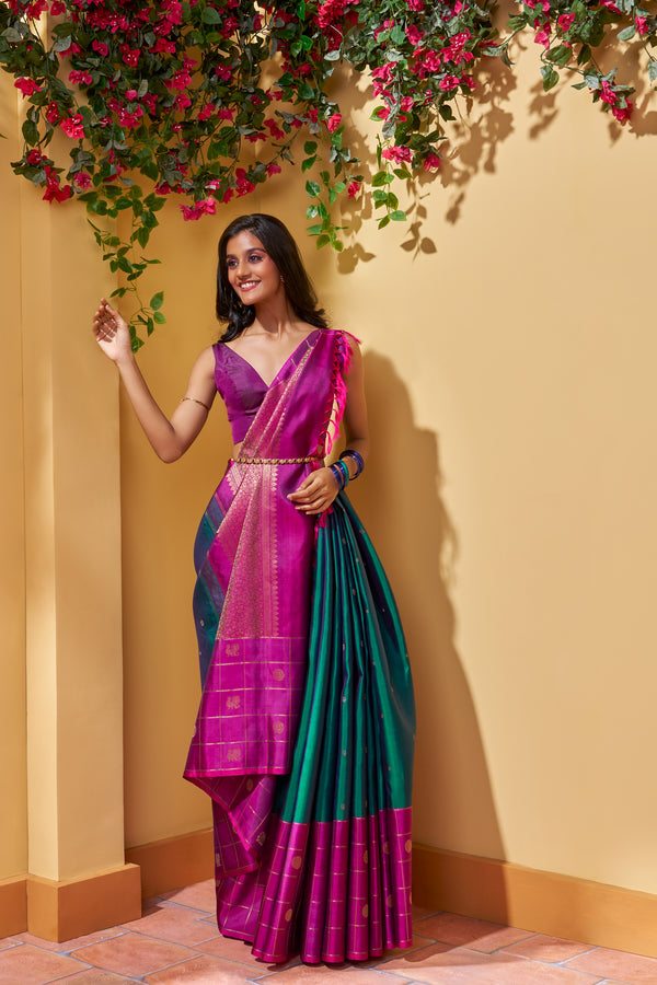 Yaalika - Dark Green Silk Saree : YBP011880