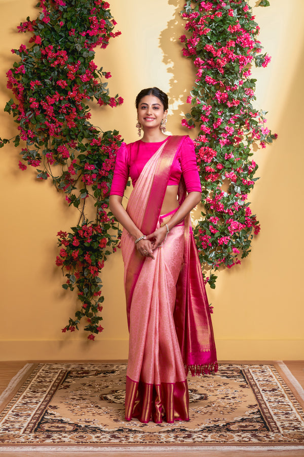 Yaalika - Pastel Pink With Fuchsia Border Silk Saree : YBP012570