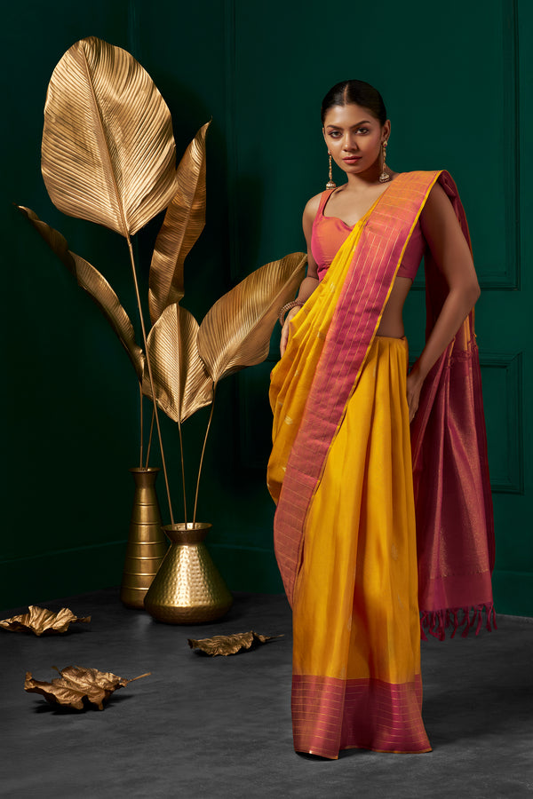 Yaalika - Mustard Yellow And China Rose Border Silk Saree : YBP013947