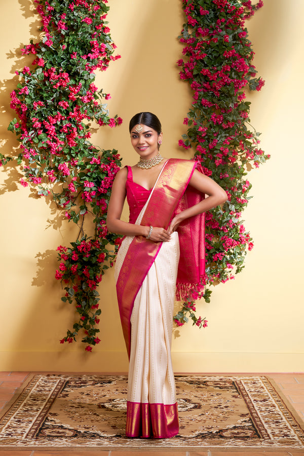 Yaalika - Off-White Silk Saree : YBP013955