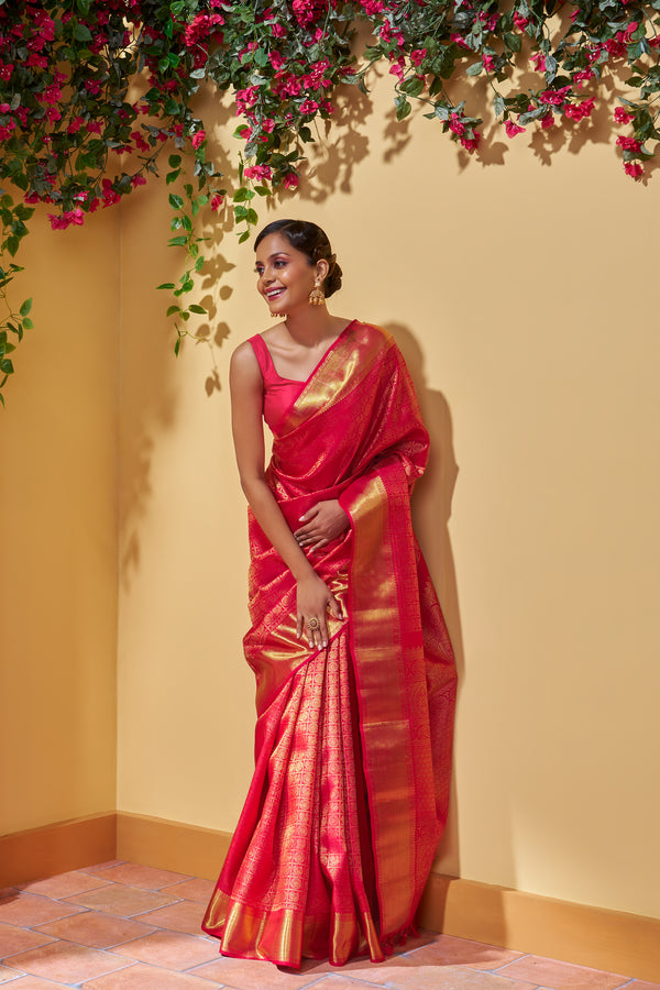 Yaalika - Pinkish Red Silk Saree : YBP014709