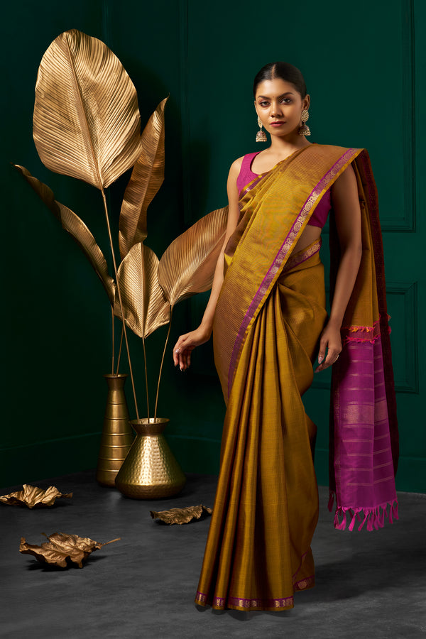 Yaalika - Golden Olive Green Silk Saree : YBP015189