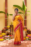 Yaalika - Mustard Yellow With Crimson Red Border Silk Saree : YBP016451
