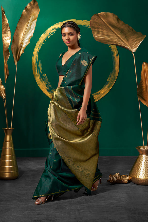 Yaalika - Majestic Bottle Green Silk Saree : YPN016282
