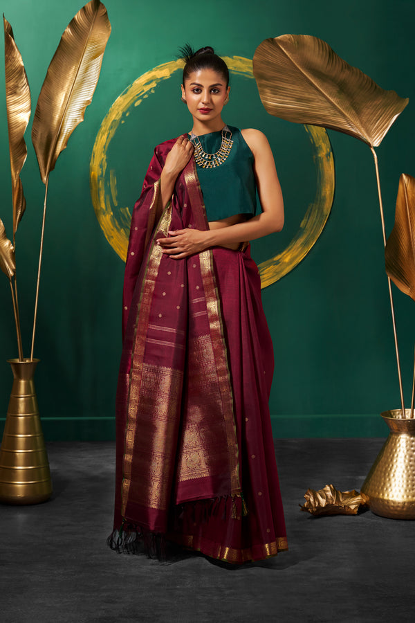 Yaalika - Burnt Maroon Silk Saree : YPP013887