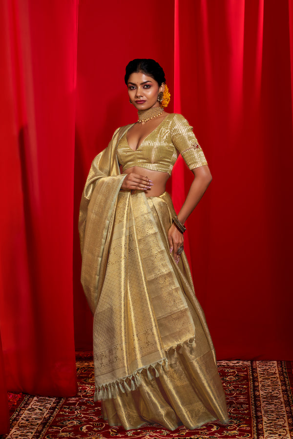 Yaalika - Sage Green with Golden Zari Silk Saree : YPP016356
