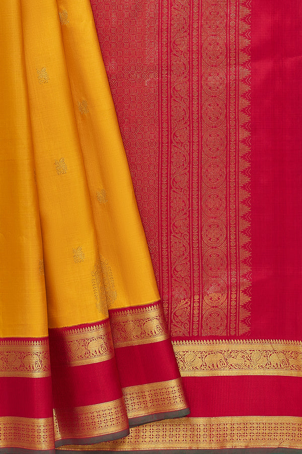 Yaalika - Mustard Yellow With Crimson Red Border Silk Saree : YBP016451