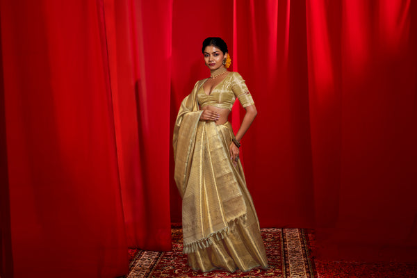 Yaalika - Sage Green with Golden Zari Silk Saree : YPP016356